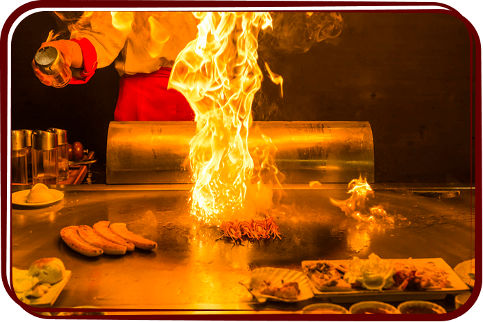 giant flame on teppanyaki grill